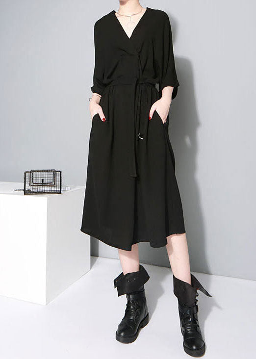 Black Tie Waist V Neck Dress Half Sleeve