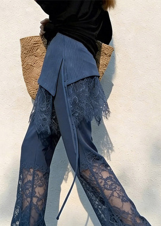 Fitted Navy Straight Pants Lace Patchwork Summer