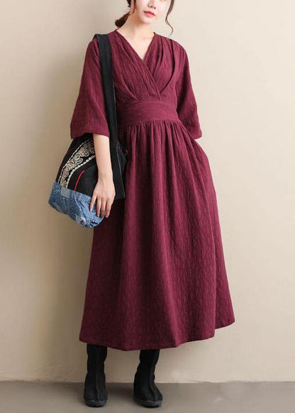 Natural V Neck Cinched Spring Quilting Clothes Pattern Burgundy Maxi Dress