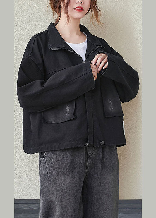 Black Pockets Zippered Drawstring Fall Denim Long Sleeve Coat