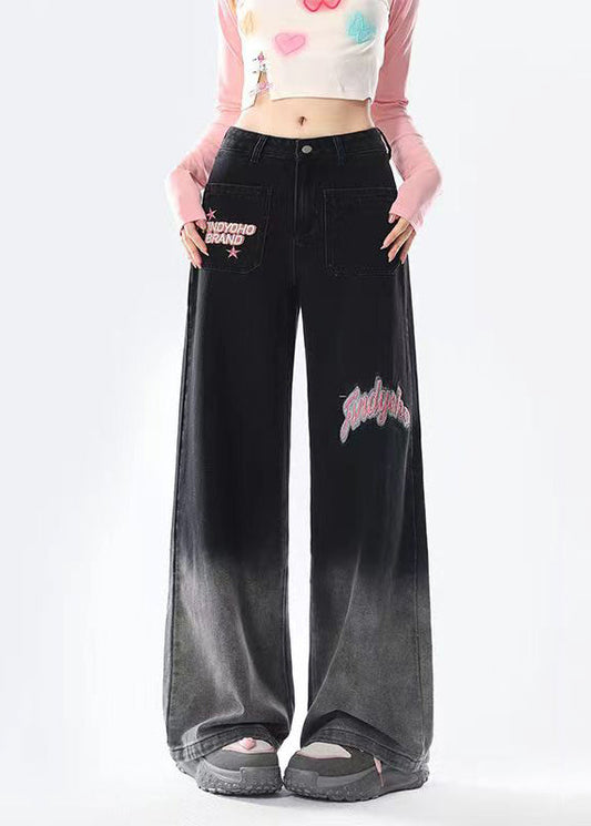 French Black Embroideried Pockets Denim Straight Pants Fall