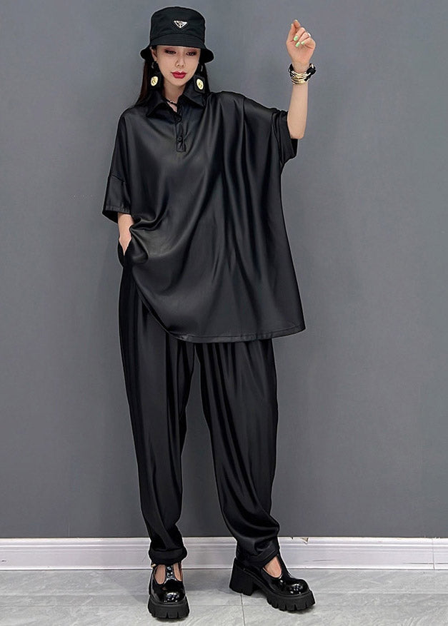 Black Peter Pan Collar T Shirt and Beam Pants Two Pieces Set Summer