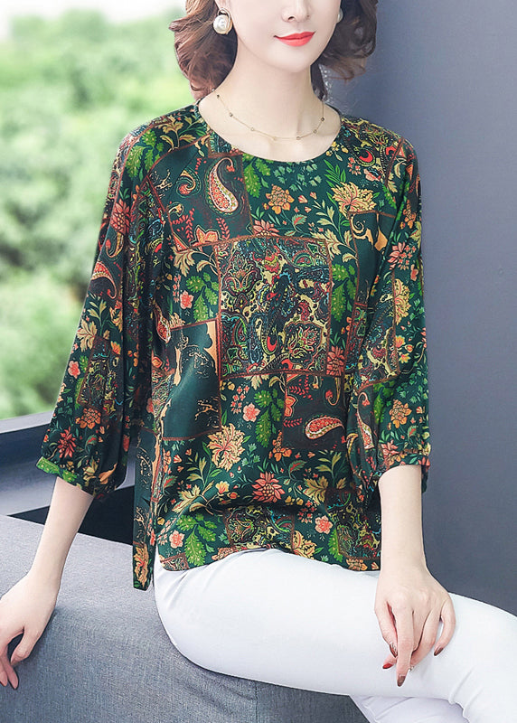 French Green O-neck Oversized Print Silk Top Bracelet Sleeve