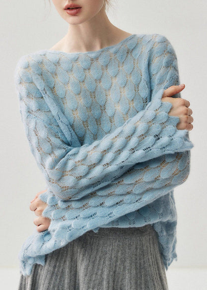 Light Blue Slash Neck Hollow Out Cotton Knit Sweater Fall