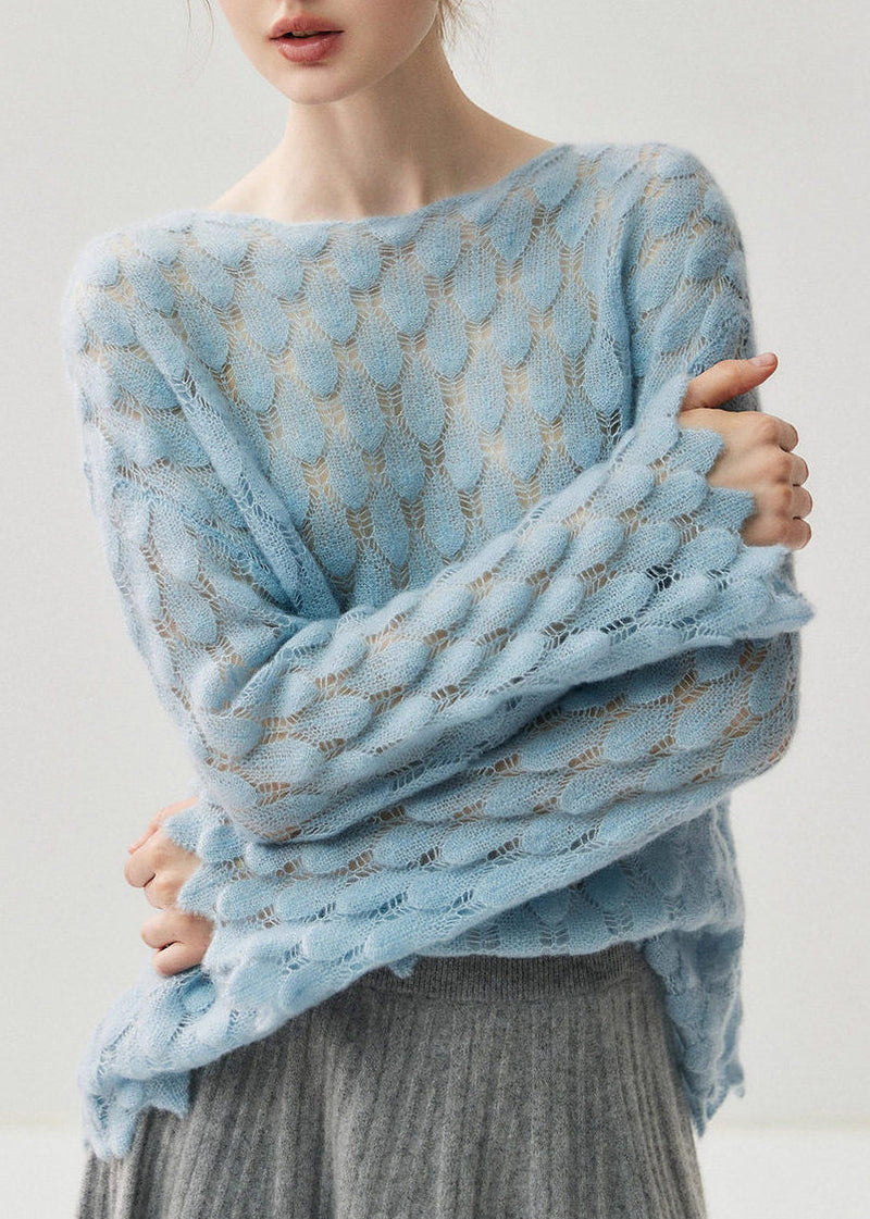 Light Blue Slash Neck Hollow Out Cotton Knit Sweater Fall