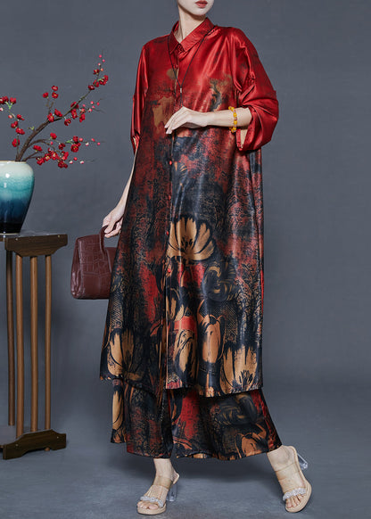 Red Oversized Print Silk Two Piece Set Outfits Fall