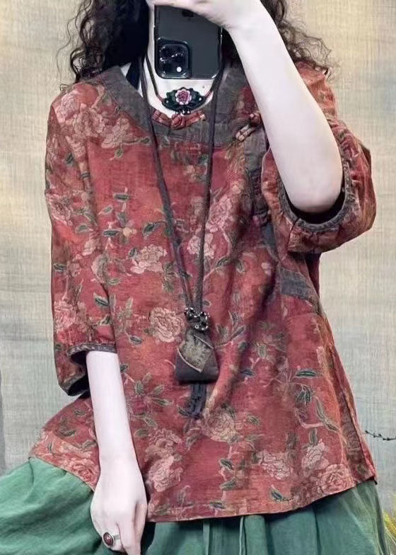 Red O Neck Print Oriental Button Linen Shirts Bracelet Sleeve