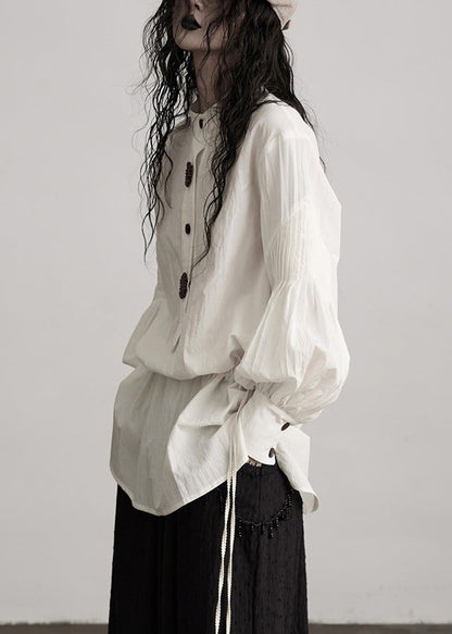 French White O-neck Puff Sleeve Patchwork Cotton Tops Fall
