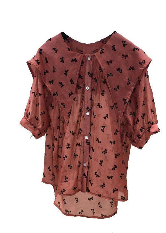 Red Peter Pan Collar Print Chiffon Shirts Tops Summer