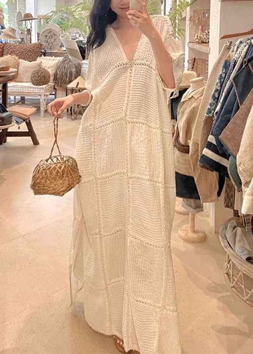White V Neck Hollow Out Side Open Knit Dresses Half Sleeve Summer