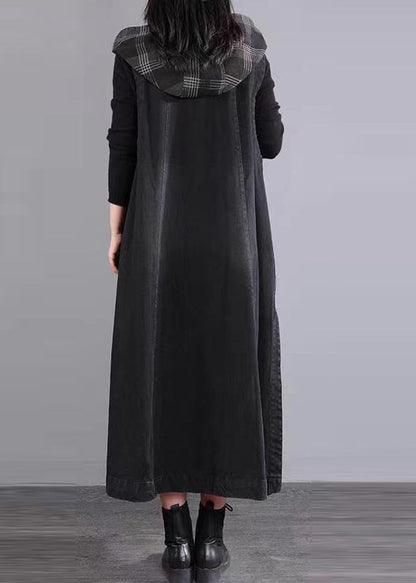 Black Hooded Pockets Patchwork Long Denim Vest Sleeveless