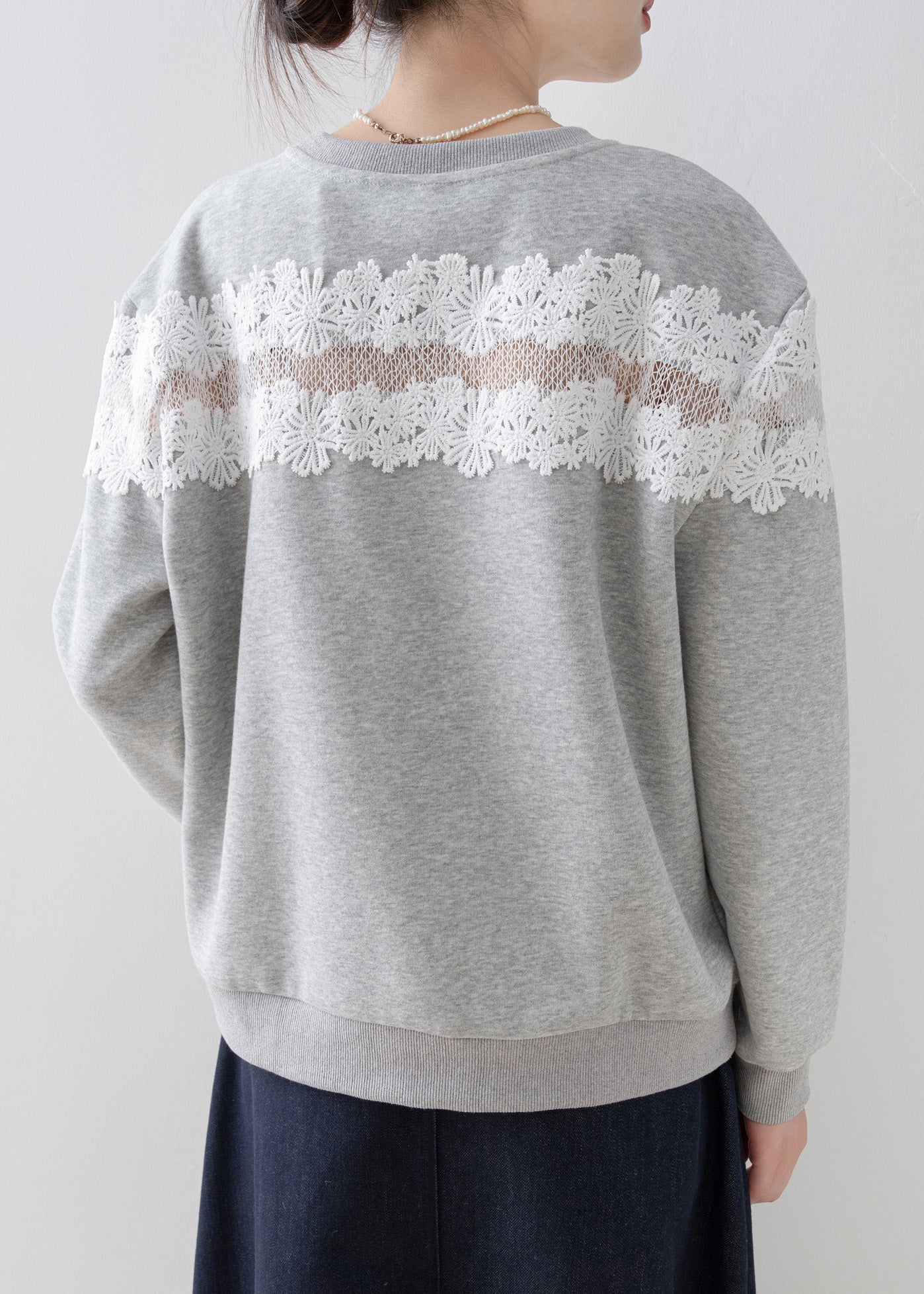 Grey O Neck Lace Patchwork Cotton Sweatshirt Spring