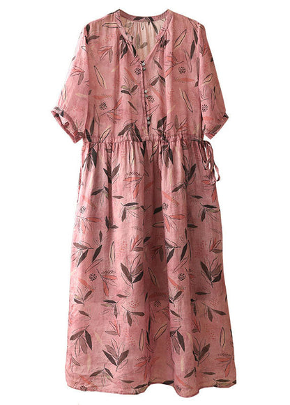 Fitted Rose V Neck Cinched Print Linen Vacation Dresses Short Sleeve