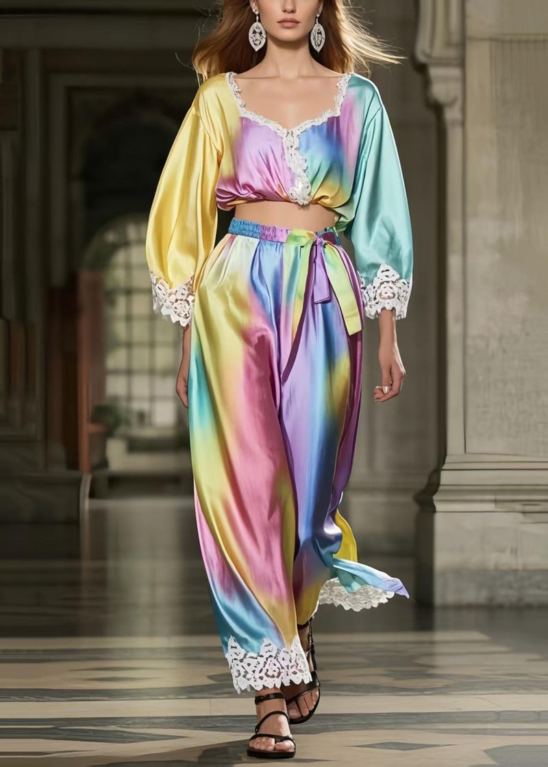 Rainbow Tie Dye Patchwork Lace Silk Two Piece Suit Set Spring