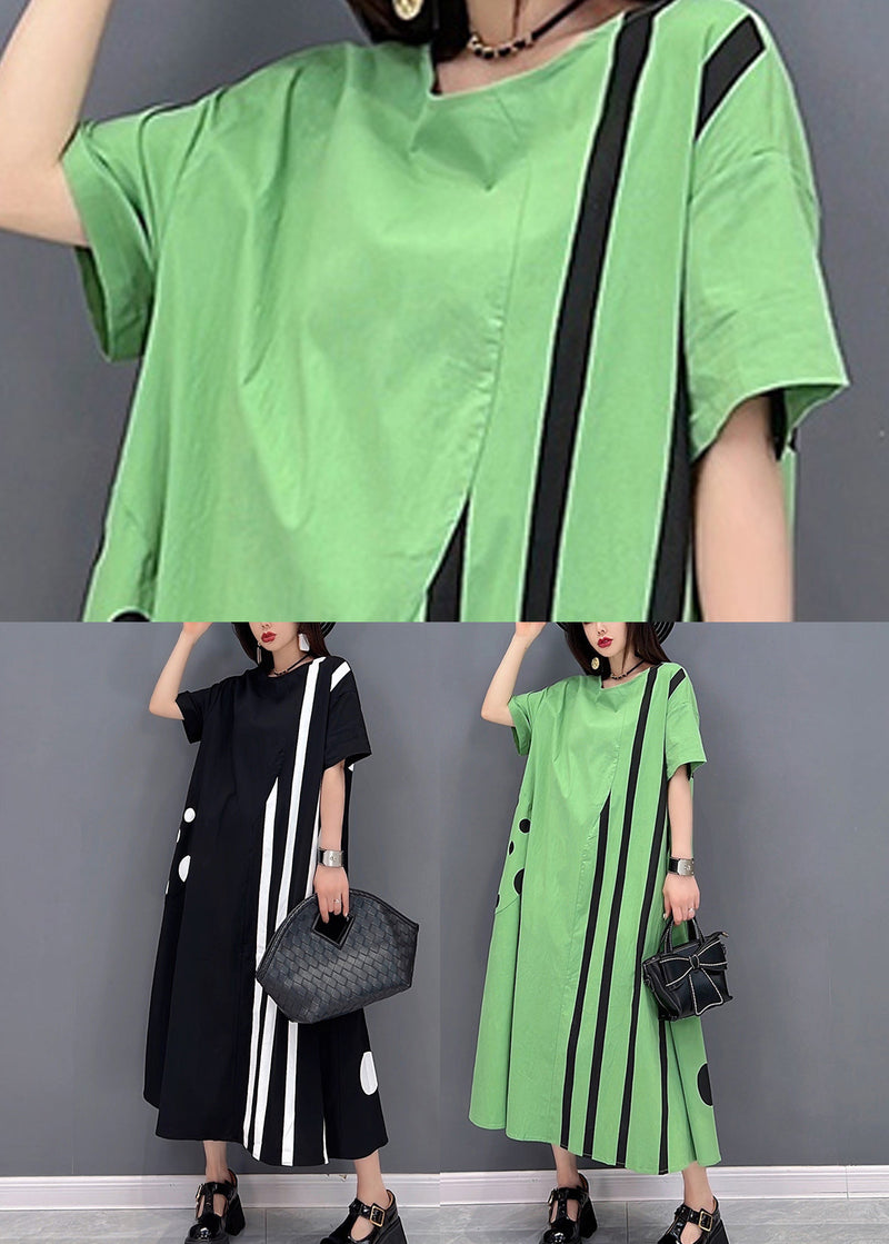 Black O-neck Asymmetrical Cotton Maxi Dresses Short Sleeve