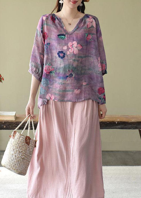 Purple Retro Print Fall Half Sleeve Shirt Top