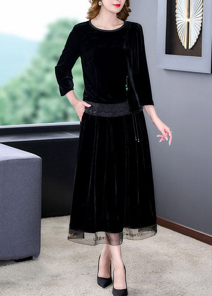 Art Black O-neck Tulle Patchwork Silk Velour Top and Maxi Skirts Two Pieces Set Long Sleeve