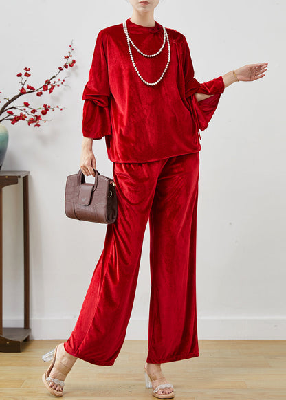 Red Side Open Silk Velvet Two Piece Set Clothing Fall