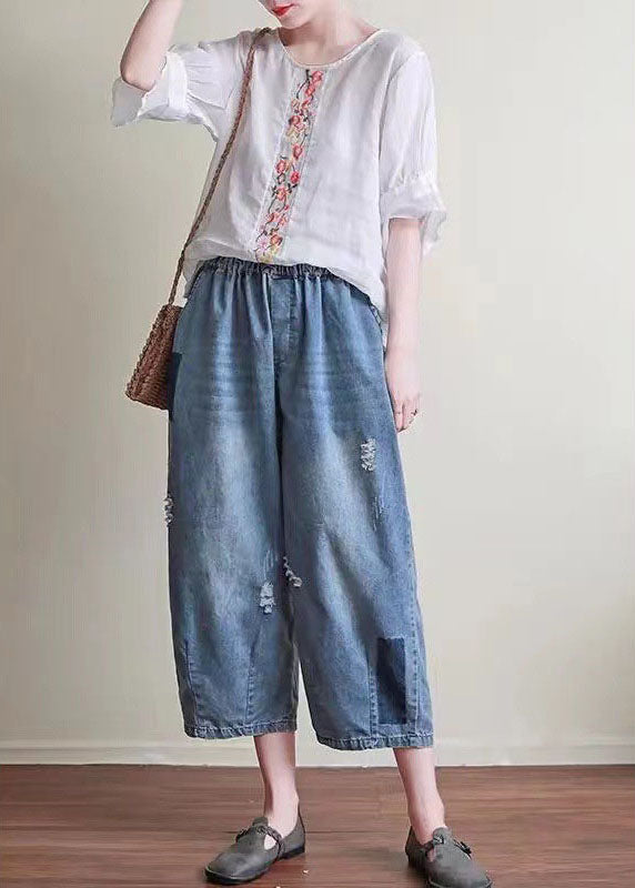 Natural Blue Pockets Hole Harem Fall Denim Pant