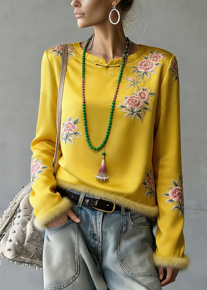 Novelty Yellow Embroidered Patchwork Silk Cotton Tops Spring