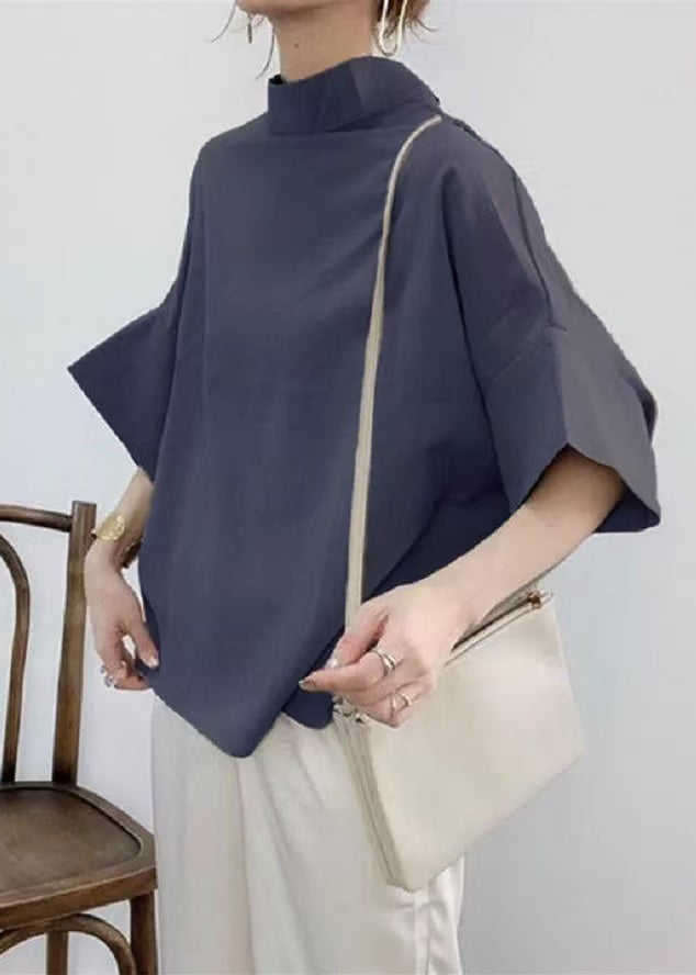 Navy Stand Collar Cotton Shirt Batwing Sleeve