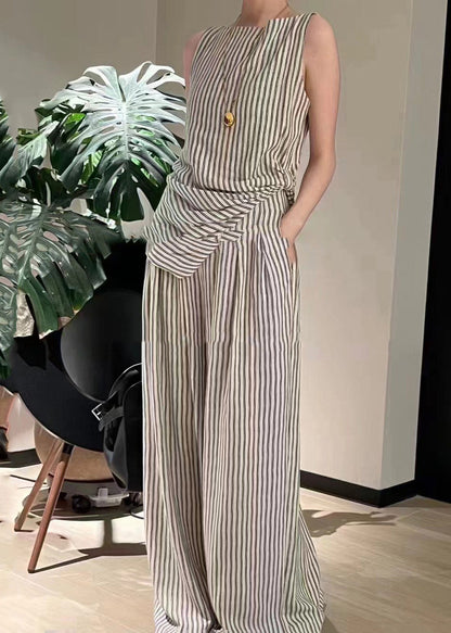 Italian Striped Slash Neck Wrinkled Linen Top and Pants Two Pieces Set Sleeveless