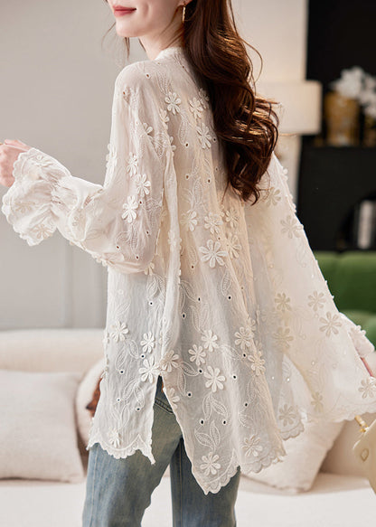 French Beige O-neck Embroidered Shirt Spring