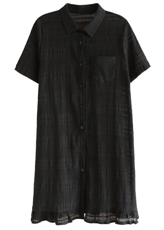 Black Peter Pan Collar Patchwork Ruffles Holiday Dress Short Sleeve