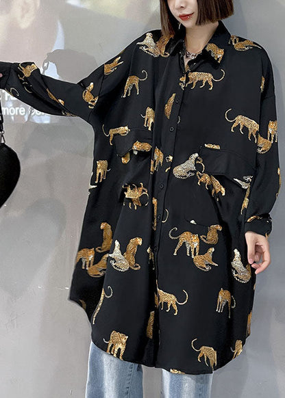 Black Peterpan Collar Button Pockets Print Fall Top Long Sleeve
