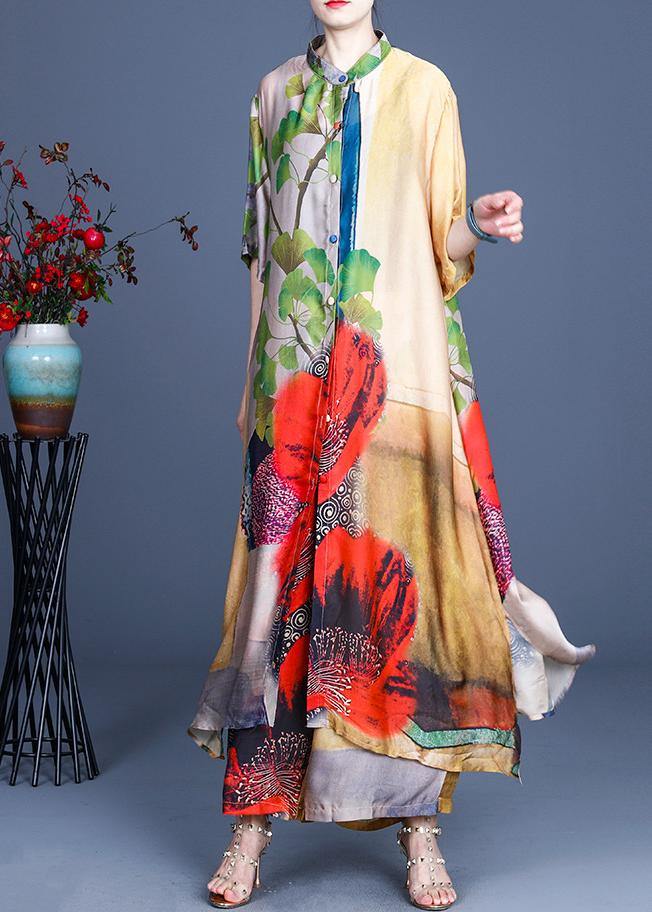 Fitted Yellow Print Long Silk Summer Sets Two Pieces
