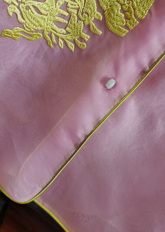 Pink Stand Collar Embroideried Patchwork Silk Vest Sleeveless