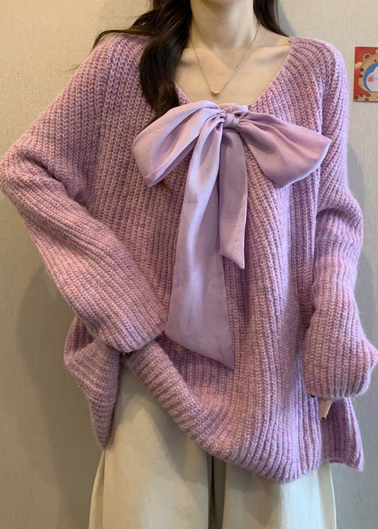 Lavender Oversized Bow Knit Cozy Sweaters Winter