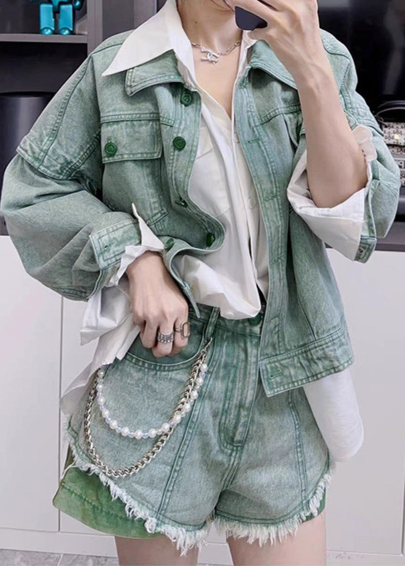 New Green Peter Pan Collar Button Denim Two Pieces Set Long Sleeve