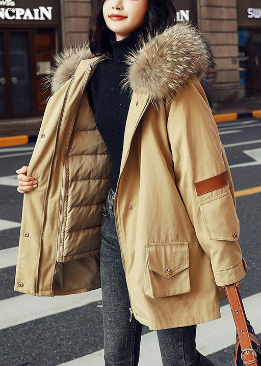 Army Green Zip Up Fur Collar Cotton Blend Puffer Parka Jacket Winter