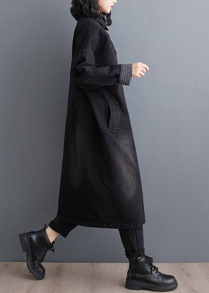 Black Pockets Patchwork Denim Trench Coats Fall