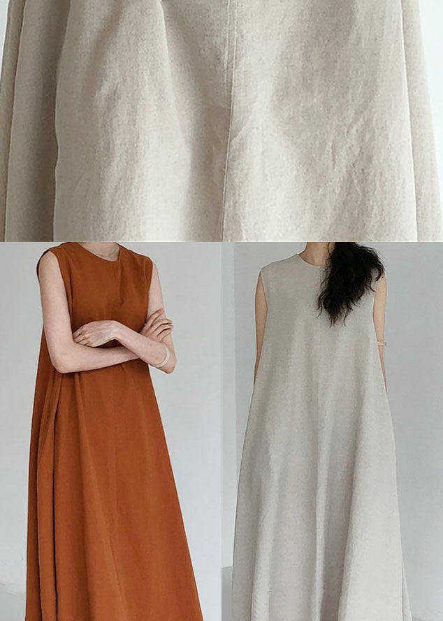 Brown Red Pockets Loose Cotton Dress Sleeveless