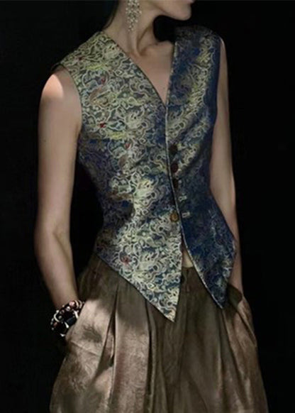 Print Button Pockets Silk Two-piece Set Sleeveless Summer