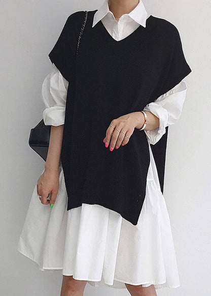 Stylish Side Open Knit Vests and Shirt Dresses Two Pieces Set Spring