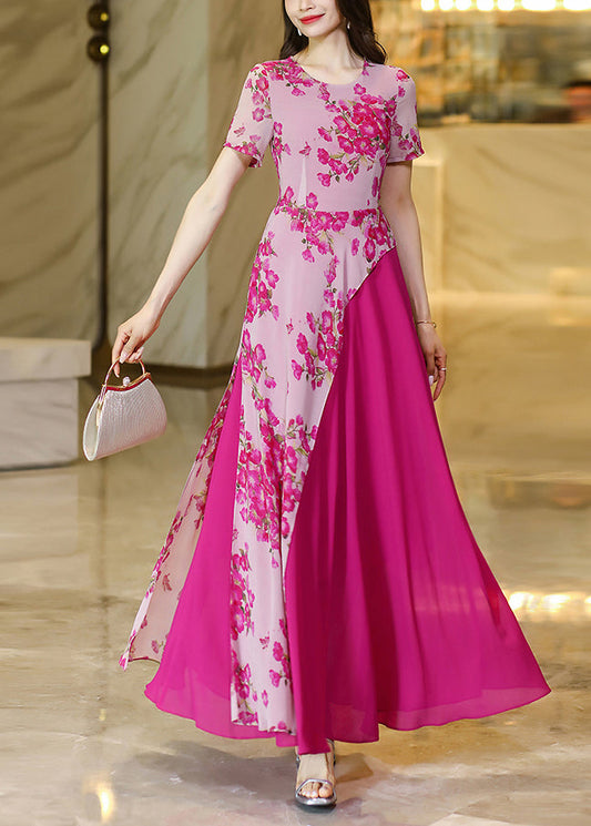 Rose Asymmetrical Print Patchwork Chiffon Dresses Summer