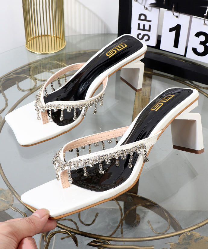 Zircon Splicing Chunky Black Faux Leather Flip Flops Slide Sandals