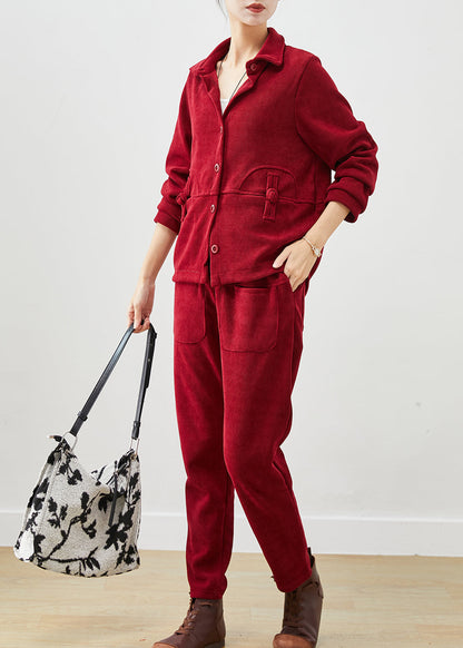 Mulberry Chinese Button Patchwork Warm Fleece Two Pieces Set Winter