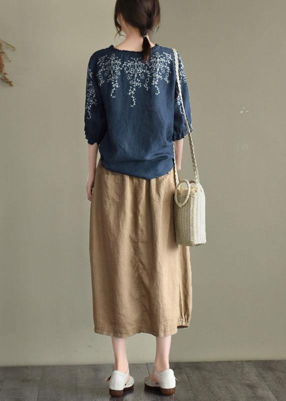 Handmade Navy Lantern Sleeve O-neck Embroideried Summer Ramie Blouses