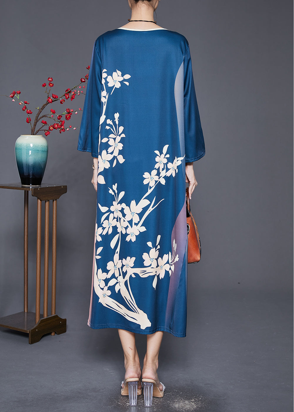 Navy Oversized Print Silk Long Dress Fall