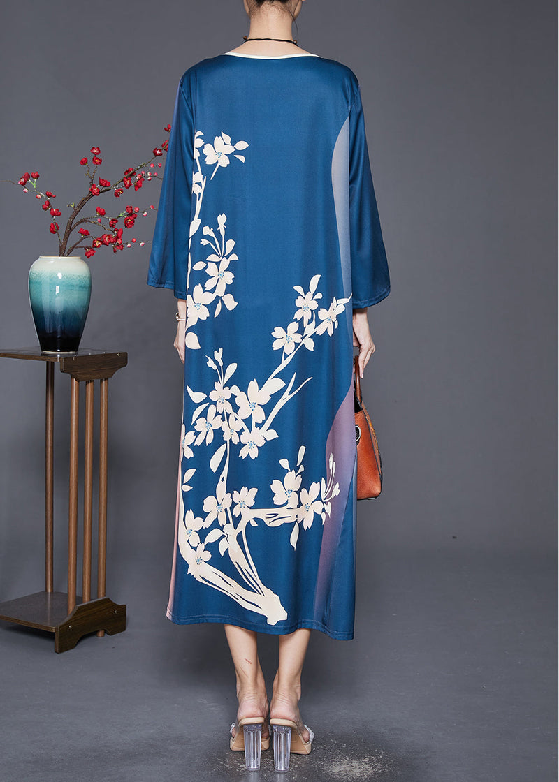Navy Oversized Print Silk Long Dress Fall