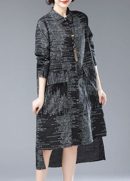Black Peter Pan Collar Print Pockets Patchwork Cotton Long Coat Fall