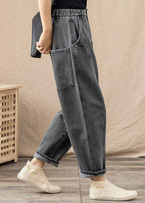 Grey Elastic Waist Pockets Patchwork Cotton Denim Harem Pants Summer