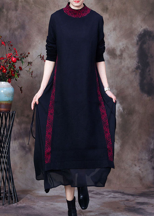 Purple Black O-neck Side Open Tulle Patchwork Knit Dresses Spring