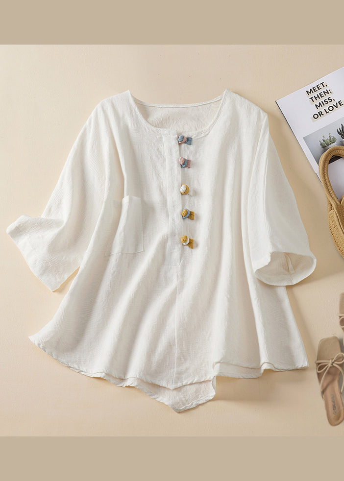 Blue O Neck Chinese Button Jacquard Linen Shirt Summer