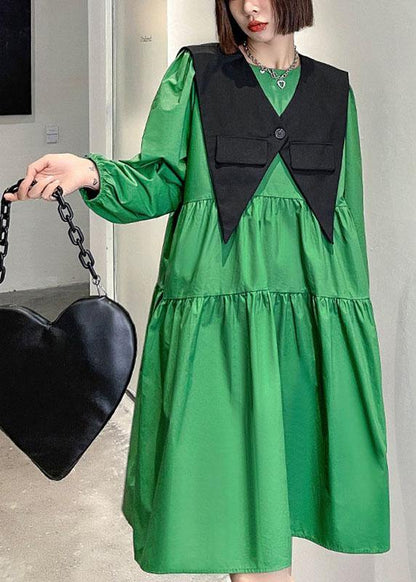 Green O-neck Button Zippered Fall Dress Long Sleeve