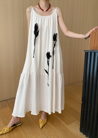 Stylish Beige Decorated Cotton Spaghetti Strap Dress Summer